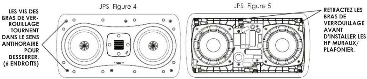 LES VIS DES BRAS DE VER- ROUILLAGE TOURNENT DANS LE SENS ANTIHORAIRE POUR DESSERRER. (6 ENDROITS) JPS Figure 4 JPS Figure 5 RETRACTEZ LES BRAS DE VERROUILLAGE AVANT D'INSTALLER LES HP MURAUX/ PLAFONIER.