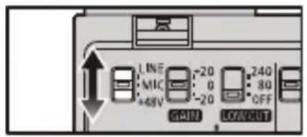 PANASONIC DMW-XLR2 - Réglez le commutateur LINE/MIC/+48V (INPUT1/ INPUT2) ou le commutateur LINE/MIC/MIC INPUT3) en fonction du dispositif à brancher. - 1
