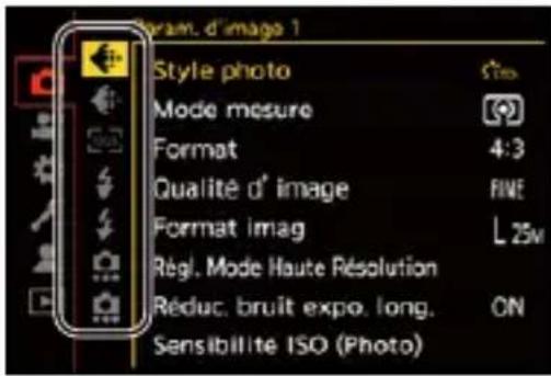 Dram. d'image 1 Style photo Mode mesure Format 4:3 Qualité d' image FINE Format imag L 25M Règl. Mode Haute Résolution Réduc. bruit expo. long. ON Sensibilité ISO (Photo)