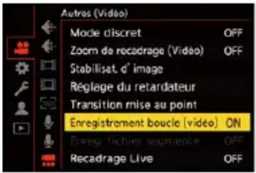 Autres (Vidéo) Mode discret OFF Zoom de rocadrage (Vidéo) OFF Stabilisat d° image Réglage du retardateur Transition mise au point Enregistrement boucle (vidéo) ON Enreg fichier segmente OFF Recadrage Live OFF