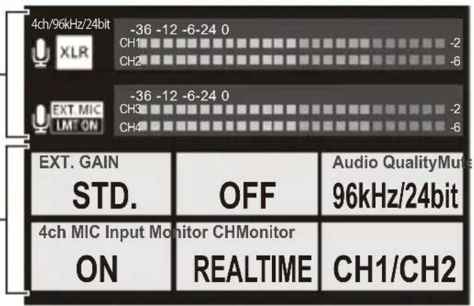4ch/96kHz/24bit -36 -12 -6-24 0 CH1 -2 CH2 -6 EXT. MIC LM ON -36 -12 -6-24 0 CH3 -2 CH4 -6 EXT. GAIN STD. OFF Audio QualityMute 96kHz/24bit 4ch MIC Input Monitor CHMonitor ON REALTIME CH1/CH2