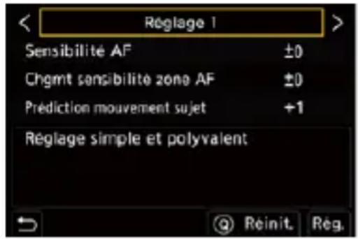 Réglage 1 Sensibilité AF ±0 Chgmt sensibilité zone AF ±0 Prédiction mouvement sujet +1 Réglage simple et polyvalent