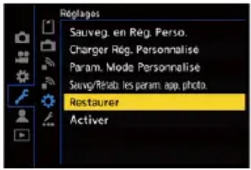 Réglages Sauveg. en Rég. Perso. Charger Rég. Personnalisé Param. Mode Personnalisé Sauvg/Rétab. les param. app. photo. Restaurer Activer