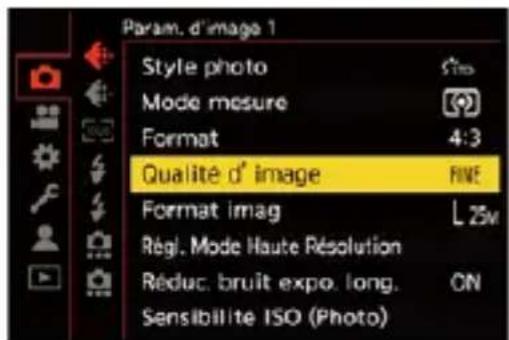 Param. d'image 1 Style photo Mode mesure Format 4:3 Qualité d' image FINE Format imag L25m Régé. Mode Haute Résolution Réduc. bruit expo. long. CN Sensibilité ISO (Photo)