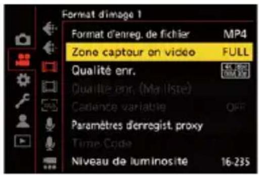 Format d'image 1 Format d'enreg. de fichier MP4 Zone captour en vidéo FULL Qualité enr. Qualité enr. (Mailste) Carriante variatie OFF Paramètres d'enregist. proxy Time Code Niveau de luminosité 16-235
