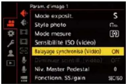 Param. d'image 1 Mode exposit. Style photo Mode mesure Sensibilité ISO (video) Balayage synchronisé (Video) ON Diminuer scintill (video) Niv. Master Pedestal Fonctionn. SS/gain SEC/ISO