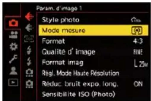 Param. d'image 1 Style photo Mode mesure Format Qualité d' image Format imag Régé. Mode Haute Résolution Réduc. bruit expo. long. Sensibilité ISO (Photo)