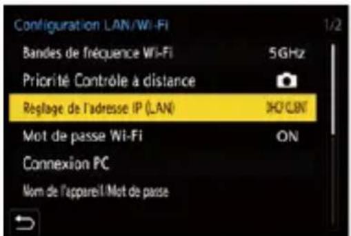 Configuration LAN/Wi-Fi Bandes de fréquence Wi-Fi 5GHz Priorité Contrôle à distance Réglage de l'adresse IP (LAN) 30°C/20T Mot de passe Wi-Fi ON Connexion PC Nom de l'appareil/Mot de passe