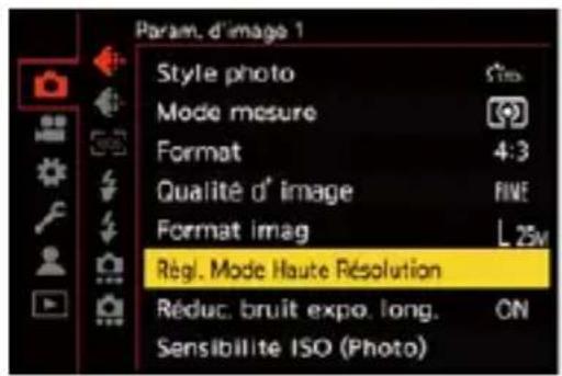 Param. d'image 1 Style photo Mode mesure Format Qualité d' image Format imag Règl. Mode Haute Résolution Réduc. bruit expo. long. Sensibilite ISO (Photo)