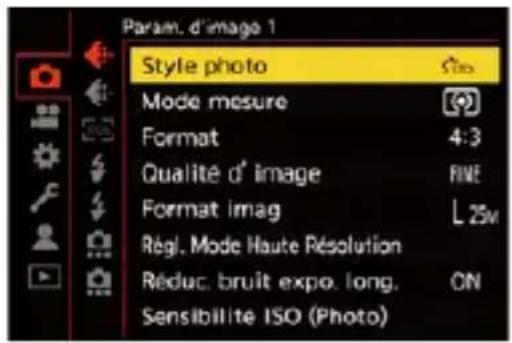 Param. d'image 1 Style photo Mode mesure Format Qualité d' image Format imag Régé. Mode Haute Résolution Réduc. bruit expo. long. Sensibilite ISO (Photo)