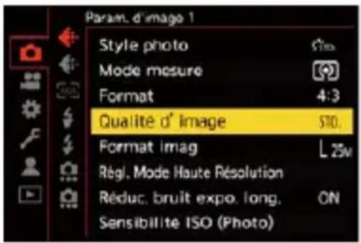 Param. d'image 1 Style photo Sto Mode mesure Format 4:3 Qualité d' image STO. Format imag L 25V Régl. Mode Haute Résolution Réduc. bruit expo. long. ON Sensibilite ISO (Photo)