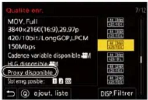 Qualité enr. MOV, Full 3840x2160(16:9),29.97p 420/10bit/LongGOP,LPCM 150Mbps Cadence variable disponible HLG disponible Proxy disponible Slot emerg possible: 1 2 300 7/12 Jet 100 420/1001 Jet 100 420/1001 Jet 100 420/1001 Jet 100 420/1001 Jet 100 420/1001 Jet 100 420/1001 Jet 100 420/1001 Jet 100 42OJOUT LISTE DISP.Filtrer