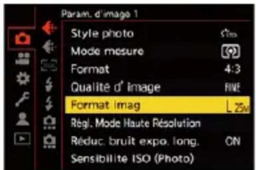 Param. d'image 1 Style photo Mode mesure Format Qualité d' image Format imag LZM Régé. Mode Haute Résolution Réduc. bruit expo. long. Sensibilité ISO (Photo)
