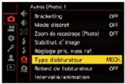 Autres (Photo) 1 Bracketing OFF Mode discret OFF Zoom de recodrage (Photo) OFF Stabilisat. d° image Réglage pris. vues raf. Type d'obturateur MECH. Retard de l'obturateur OFF Intervalle/animation