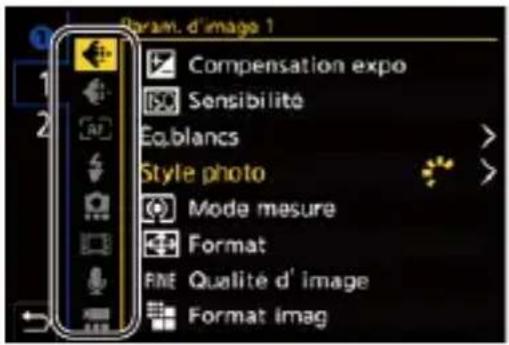 Param. d'image 1 Compensation expo Sensibilité Eq.blancs Style photo Mode mesure Format RME Qualité d' image Format imag