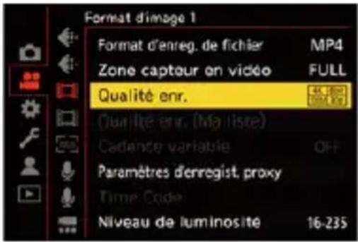 Format d'image 1 Format d'enreg. de fichier MP4 Zone capteur en vidéo FULL Qualité enr. Qualité enr. (Ma liste) Cadance variable OFF Paramètres d'enregist. proxy Time Code Niveau de luminosité 16-235