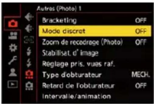 Autres (Photo) 1 Bracketing OFF Mode discret OFF Zoom de recodrage (Photo) OFF Stabillisat. d' image Réglage pris. vues raf. Type d'obturateur MECH. Retard de l'obturateur OFF Intervalle/animation
