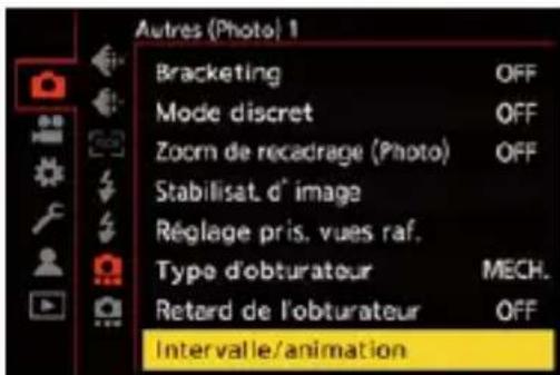 Autres (Photo) 1 Bracketing OFF Mode discret OFF Zoom de recadrage (Photo) OFF Stabilisat. d' image Réglage pris. vues raf. Type d'obturateur MECH. Retard de l'obturateur OFF Intervalle/animation