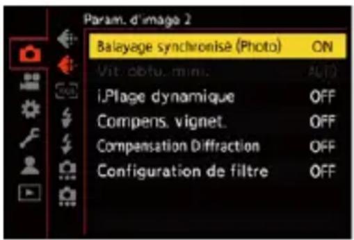 Param. d'image 2 Balayage synchronisé (Photo) ON Vit. obtu. mini. AUTO i.Plage dynamique OFF Compens. vignet. OFF Compensation Diffraction OFF Configuration de filtre OFF