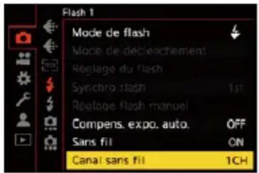 Flash 1 Mode de flash Mode de déclenchement Réglage du flash Synchro flash 1st Réglage flash manuel Compens. expo. auto. OFF Sans fil CN Canai sans fil 1CH