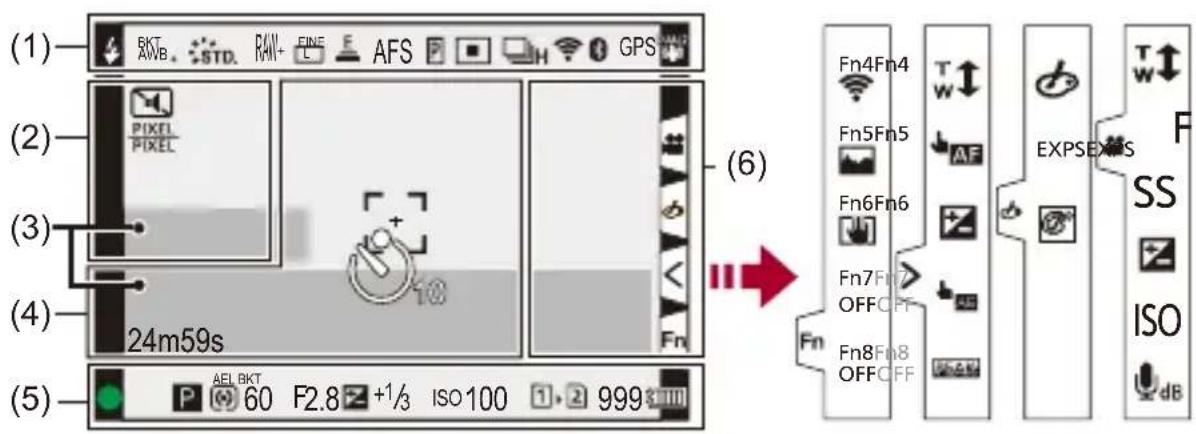 (1) RKTB. STD. RAW+ FINE AFS GPS (2) PIXEL PIXEL (3) 24m59s (4) Fn (5) AEL BKT 60 F2.8 +1/3 ISO 100 1.2 999 (6) Fn4Fn4 Fn5Fn5 Fn6Fn6 Fn7Fn7 OFFOFF Fn8Fn8 OFFOFF EXPSEXRS SS ISO dB
