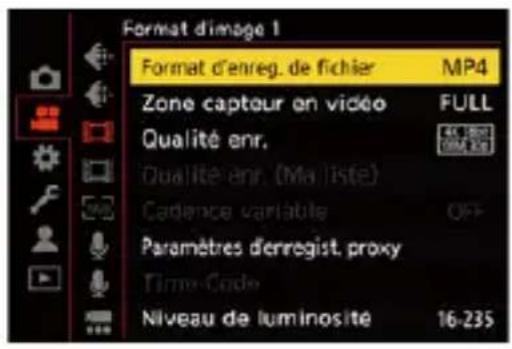 Format d'image 1 Format d'enreg. de fichier MP4 Zone capteur en vidéo FULL Qualité enr. Qualité enr. (Ma liste) Cadence variable OFF Paramètres denregist. proxy Time-Code Niveau de luminosité 16-235