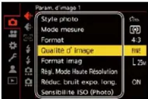Param. d'image 1 Style photo Mode mesure Format Qualité d' image Format imag Rég. Mode Haute Résolution Réduc. bruit expo. long. Sensibilite ISO (Photo)