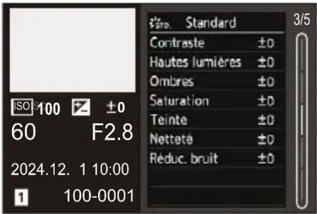 ISO 100 ±0 60 F2.8 2024.12. 1 10:00 1 100-0001 3/5 Standard Contraste ±0 Hautes lumières ±0 Ombres ±0 Saturation ±0 Teinte ±0 Netteté ±0 Réduc. bruit ±0