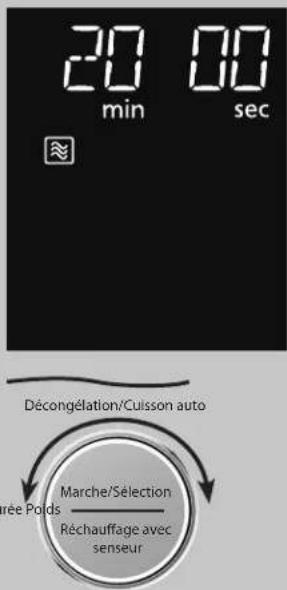 20 min 00 sec Décongération/Cuisson auto Marche/Sélection Réchauffage avec senseur rée Poids