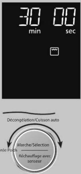 30 min 00 sec Décongétation/Culsson auto Marche/Sélection Réchauffage avec senseur