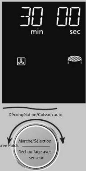 30 min 00 sec Décongélation/Cuisson auto Marche/Sélection Réchauffage avec senseur