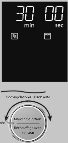 30 min 00 sec Décongération/Cuisson auto Marche/Sélection Réchauffage avec senseur