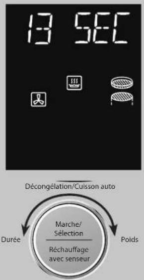 13 5°C Décongélation/Culsson auto Marche/ Sélection Réchauffage avec senseur Durée Poids