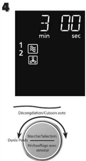 3 00 min sec 1 2 Décongélation/Cuisson auto Marche/Sélection Réchauffage avec senseur Durée Poids