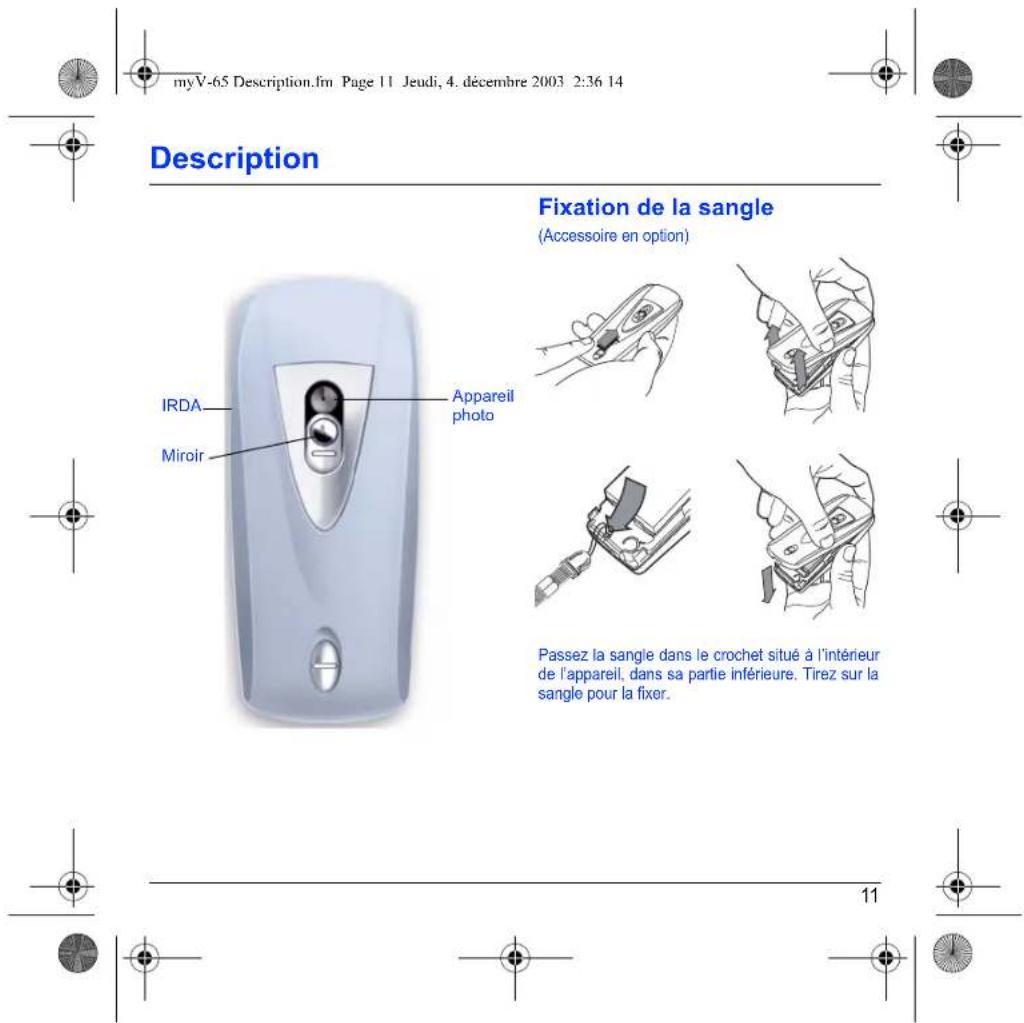 myV-65 Description.fm Page 11 Jeudi, 4. décembre 2003 2:36 14 Description Fixation de la sangle (Accessoire en option) IRDA Appareil photo Miroir Passez la sangle dans le crochet situé à l'intérieur de l'appareil, dans sa partie inférieure. Tirez sur la sangle pour la fixer. 11