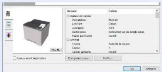 Element Impression capote Orientation Color Actions Auto Peps par feuille General Source Copies Costes carbone Details Portrait Cetec Actif Rattousser sur les bordi longs Inadif Auto de la source 1 Inadif Ampers avant impression Enregistré views... Profit... OK Revulat