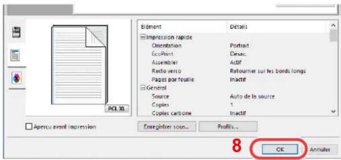 Élement Détalis Impression rapide Orientation Portrait EcoPrint Desac. Assembler Actif Recto verso Retournier sur les bords longs Pages par réutile Inactif Général Source Auto de la source Copies 1 Copies carbone Inactif Apercu avant impression Entreglider sous... Profilis... 8 OK Annuler