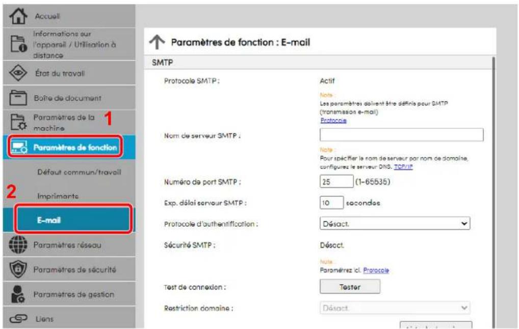 Accueil Informations sur l'apparall / Utilisation à distance État du travail Bolte de document Paramètres de la machine Paramètres de fonction 1 Défaut commun/travail Imprimants E-mail Paramètres réseau Paramètres de sécurité Paramètres de gestion Liens ↑ Paramètres de fonction : E-mail SMTP Protocole SMTP ; Actif Note: Les paramètres doivent être définis pour SMTP (transmission e-mail) Protocole Nom de serveur SMTP ; Note: Pour spécifier le nom de serveur par nom de domaine, configures le serveur DNS, TCP/IP Numéro de port SMTP ; 25 (1-65535) Exp. délai serveur SMTP ; 10 secondes Protocole d'authentification ; Désact. Sécurité SMTP ; Désact. Note: Paramètres incl. Protocole Test de connédion : Tester Restriction domaine : Désact.