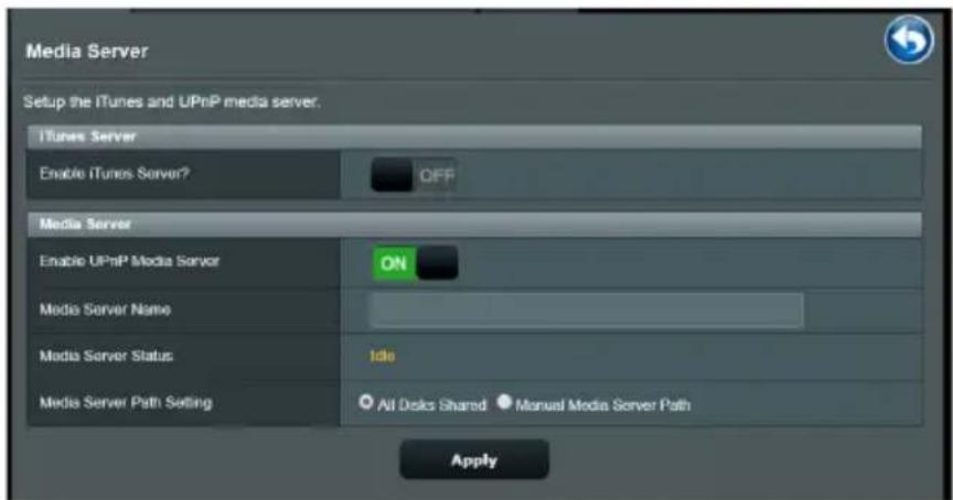 Media Server Setup the iTunes and UPnP media server. iTunes Server Enable iTunes Server? OFF Media Server Enable UPnP Media Server ON Media Server Name Media Server Status: Idle Media Server Path Setting All Docks Shared Manual Media Server Path Apply