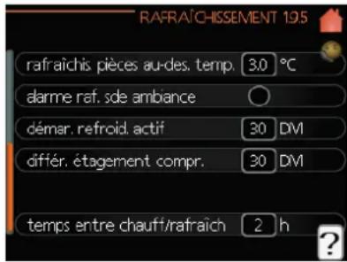 RAFRAÎCHISSEMENT 19.5 rafraîchis pièces au-des temp. 3.0 °C alarme raf. sde ambiance démar. refroid. actif 30 DM différ. étagement compr. 30 DM temps entre chauff/rafraîch 2 h