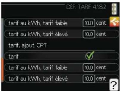 DEF. TARIF 418.2 tarif au kWh, tarif faible 10.0 cent tarif au kWh, tarif élevé 10.0 cent tarif, ajout CPT tarif ✓ tarif au kWh, tarif faible 10.0 cent tarif au kWh, tarif élevé 10.0 cent