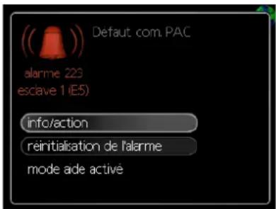 Défaut com.PAC alarme 223 escave 1 (E5) info/action réinitialisation de l'alarme mode ade activé