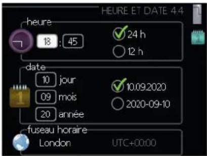 heure ET DATE 4:4 18 : 45 24 h 12 h date 10 jour 10.09.2020 09 mois 20 année 2020-09-10 -fuseau horaire London UTC+00:00