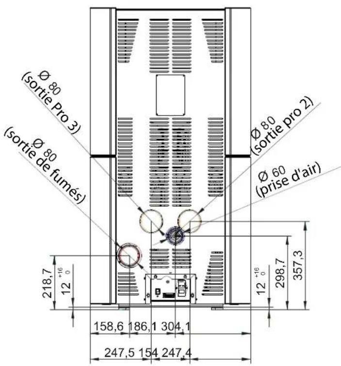 (sortie Pro 3) (sortie de fumés) 218,7 12 +16 0 158,6 186,1 304,1 247,5 154 247,4 Ø 80 (sortie pro 3) Ø 80 (sortie pro 2) Ø 60 (prise d'air) 12 +16 0 298,7 357,3