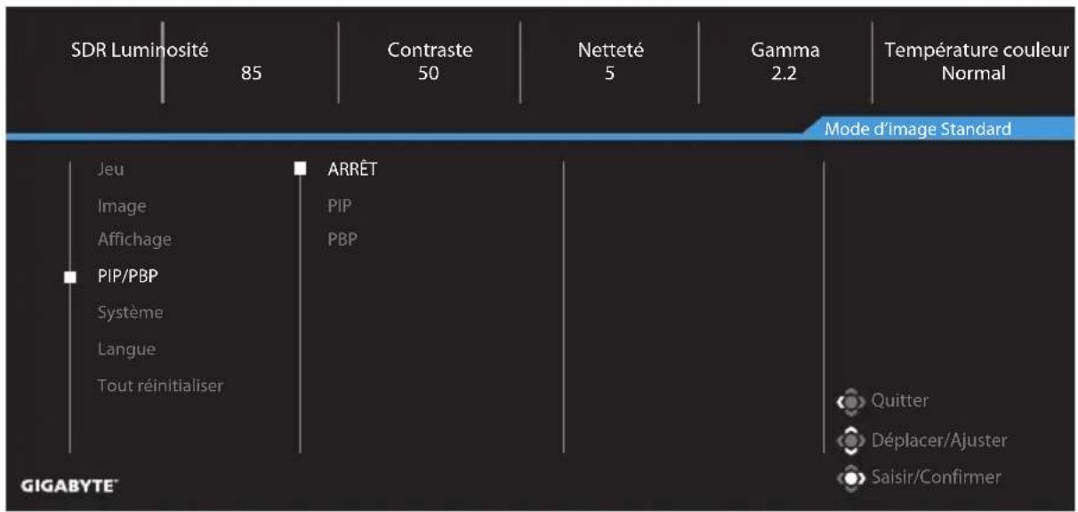 SDR Luminosité 85 Contraste 50 Netteté 5 Gamma 2.2 Température couleur Normal Mode d'image Standard Jeu Image Affichage PIP/PBP Système Langue Tout réinitialiser ARRÊT PIP PBP Quitter Déplacer/Ajuster Saisir/Confirmer GIGABYTE™