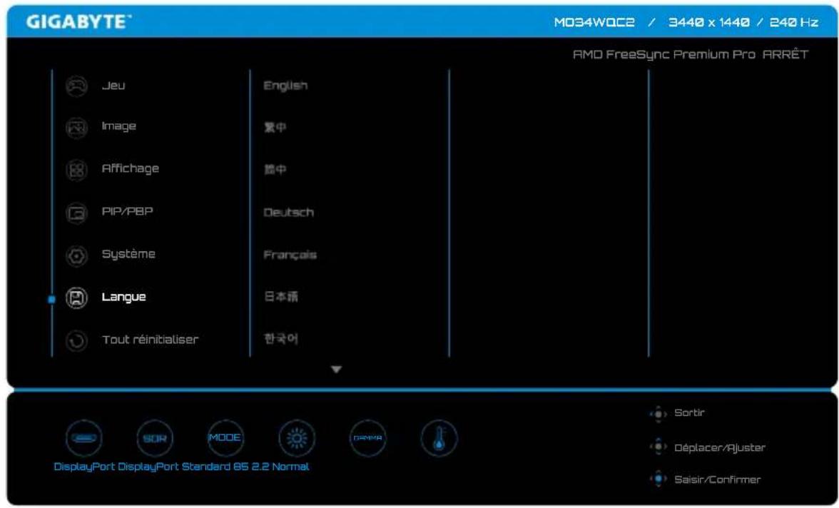 GIGABYTE MO34WQC2 / 3440 x 1440 / 240 Hz AMD FreeSync Premium Pro ARRÊT Jeu Image Affichage PIP/PBP Système Langue Tout réinitialiser English 繁中 繁中 Deutsch Français 日本語 한국어 Sortir Déplacer/Ajuster Saisir/Confirmer DisplayPort DisplayPort Standard 85 2.2 Normal