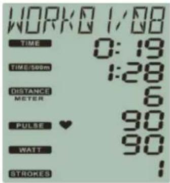 WORK 1/08 TIME 0:19 TIME:500m 1:28 DISTANCE 6 METER PULSE ♥ 90 WATT 90 STROKES