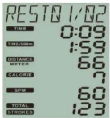 RESTO 1/02 TIME 0:09 TIME/500m 1:59 DISTANCE METER 66 CALORIE 7 SPM 60 TOTAL 123 STROKES