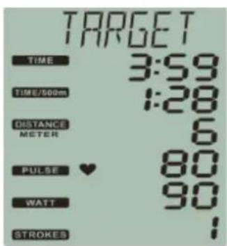 TARGET TIME 3:59 TIME/500m 1:28 DISTANCE 6 METER PULSE ♥ 80 WATT 90 STROKES 1