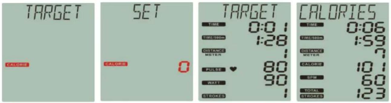TARGET CALORIES SET CALORIES 0 TARGET TIME 0:01 TIME/500m 1:28 DISTANCE METER PULSE 80 WATT 90 STROKES CALORIES TIME 0:06 TIME/500m 1:59 DISTANCE METER 7 CALORIES 101 SPM 60 TOTAL 123 STROKES